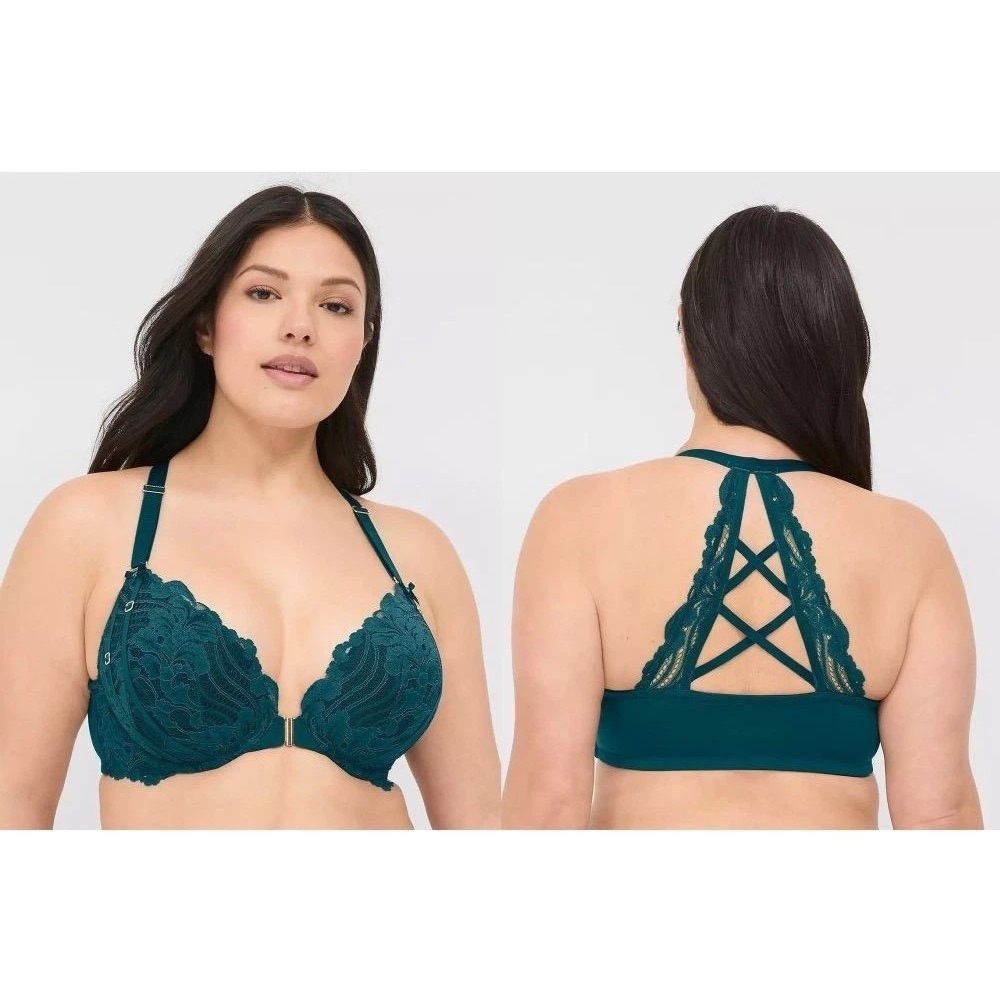 Cacique Boost Plunge Bra Womens 36DD Teal Green Lace Strappy Front Closure